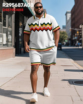 Men's Plus Size Business Wave Geometric Color Block Printed Short Sleeve Polo Shirt Shorts Suit